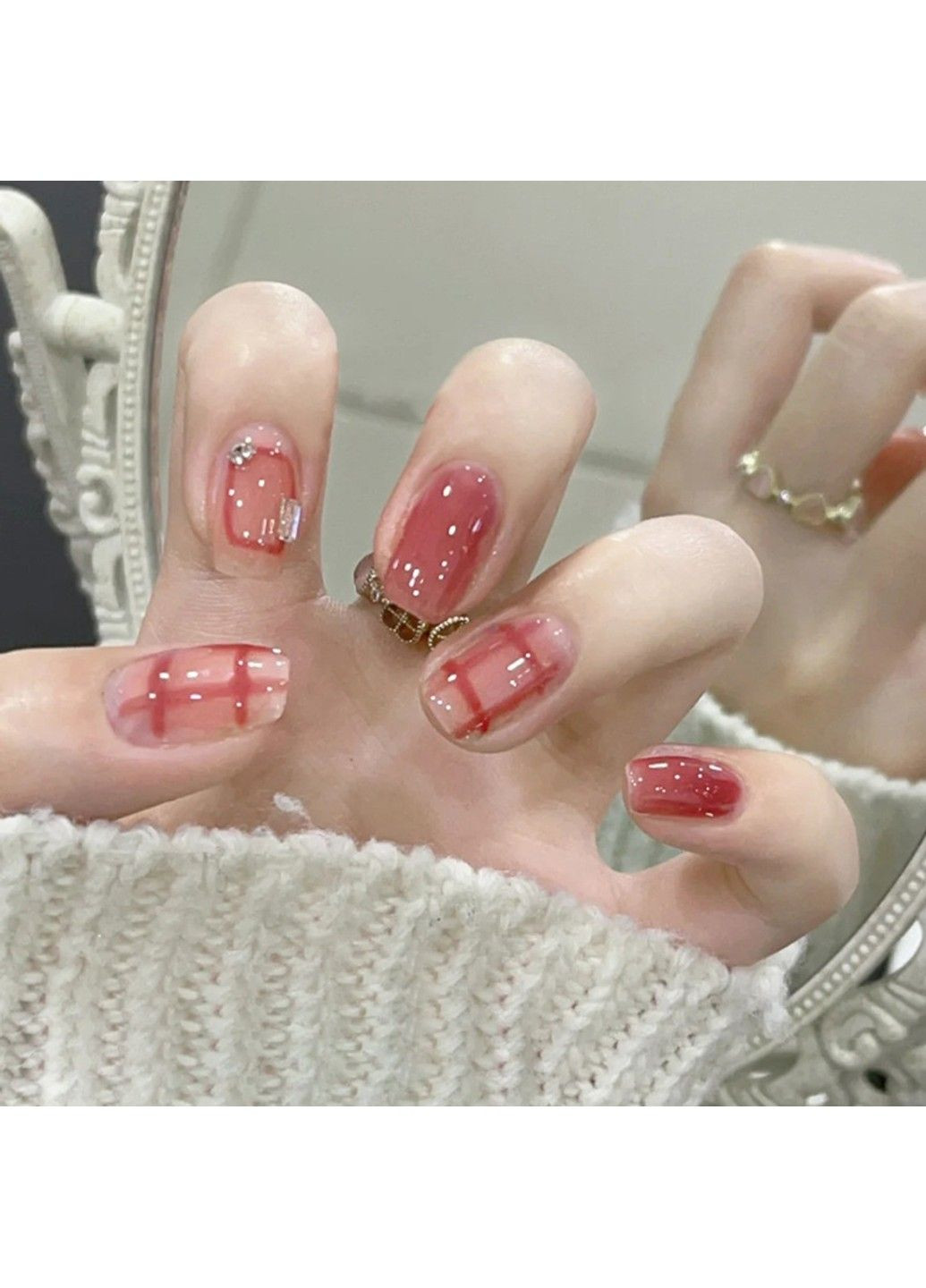 Накладні нігті з прозорими смужками з клеєм D571 Рожевий 24 шт (A9750) Nails (308864008)