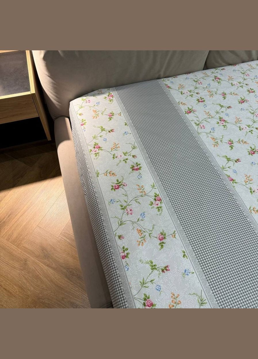 Простирадло на резинці 140х200 світло-сіре з квітами Бязь Голд PR302 Ananasko (324221731)