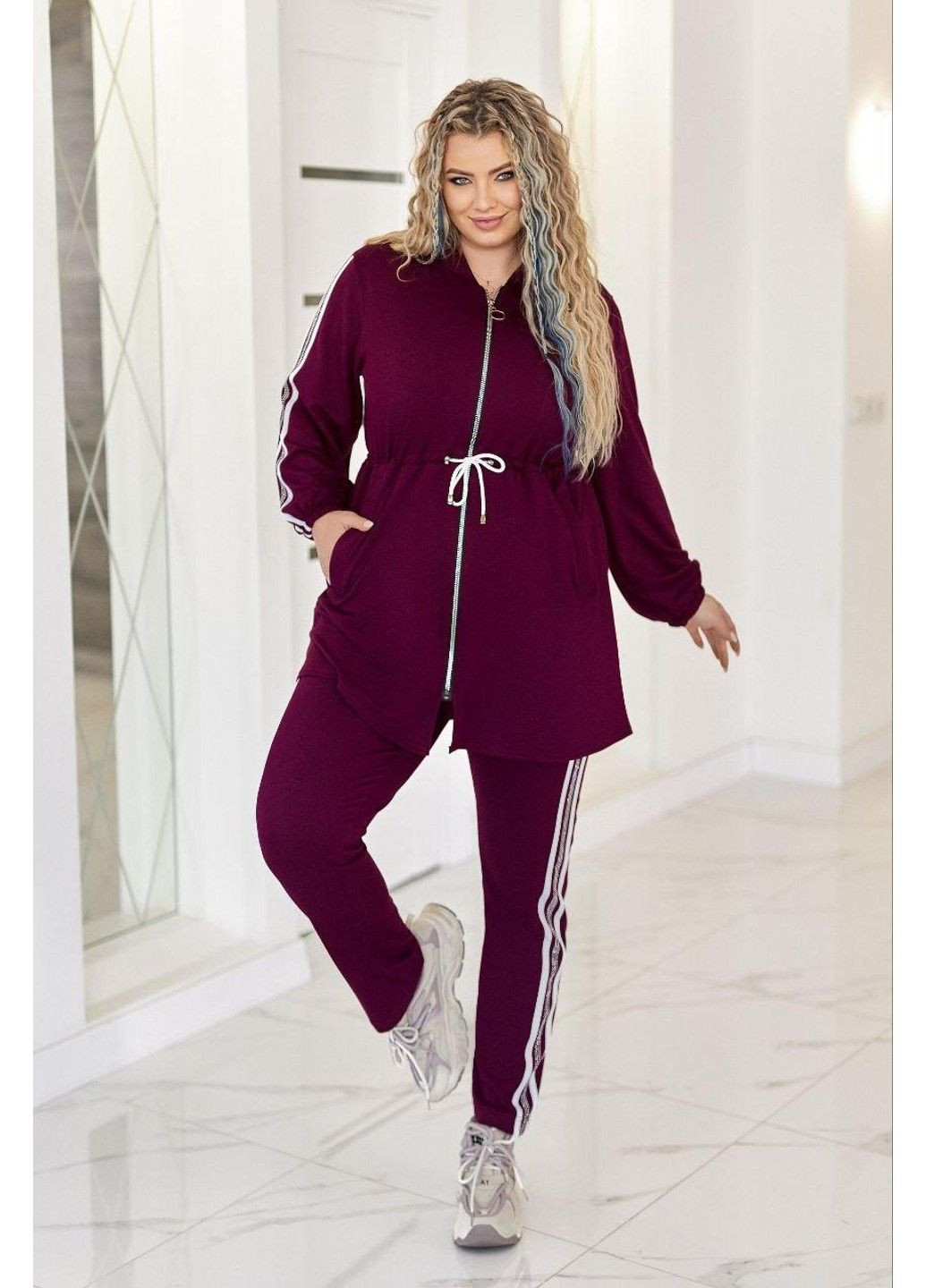 Костюм " Лампаси " кардиган + штани мод ВДЖВ-323 (ал-коз) Марсала + білий розмір 56-58 No Brand (355469849)