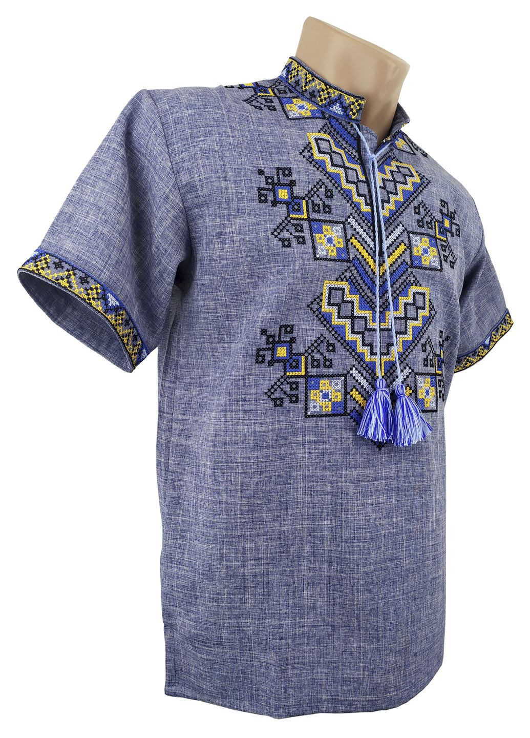 Синяя мужская вышиванка дерево жизни желтая короткий рукав НоКо свободная, прямой габардин (305590228)