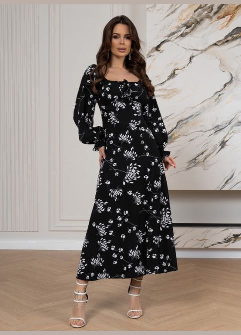 Черное повседневный, вечернее цветочное платье с разрезом No Brand с цветочным принтом