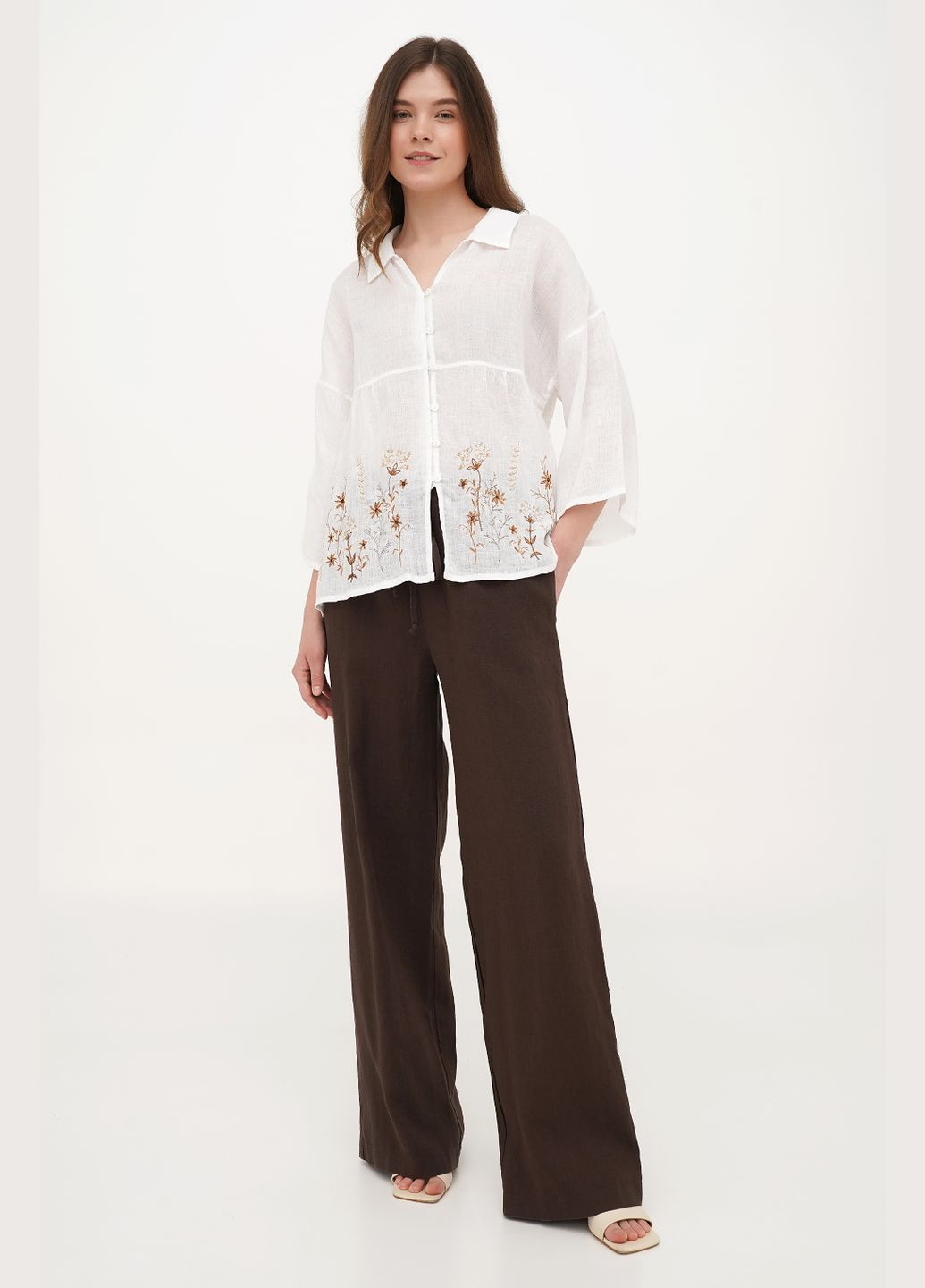 Жіночі розширені штани зі щільного льону на резинці та зав'язці з кишенями Квест., р., код 8293/44/592 ГАЛЕРЕЯ ЛЬОНУ (335063881)