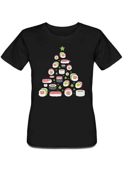 Чорна літня жіноча новорічна футболка sushi christmas tree (чорна) Fat Cat