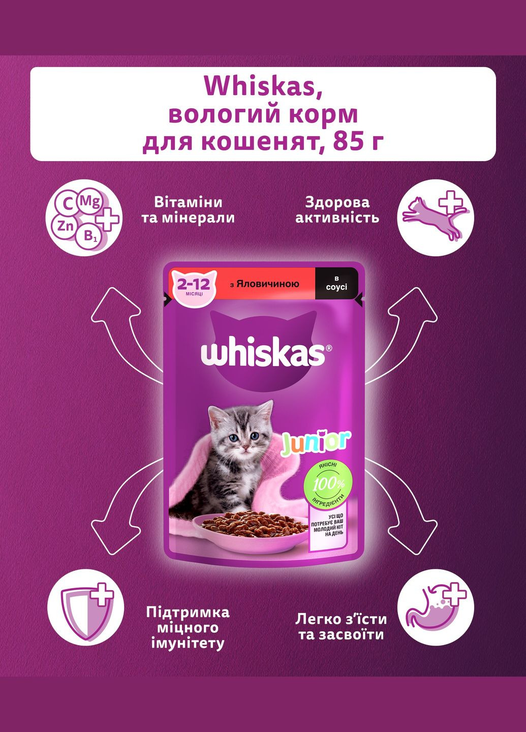 Вологий корм для кошенят яловичина в соусі, 85 г Whiskas . (303701254)