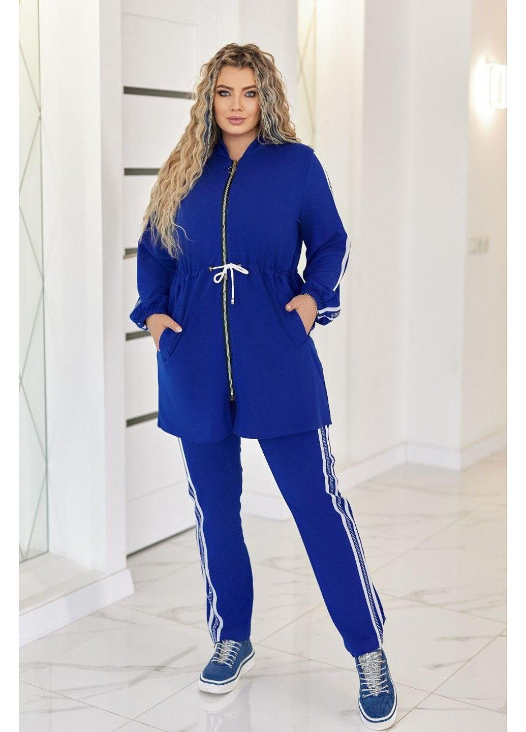 Костюм " Лампаси " кардиган + штани мод ВДЖВ-323 (ал-коз) Електрик + білий розмір 56-58 No Brand (355469510)