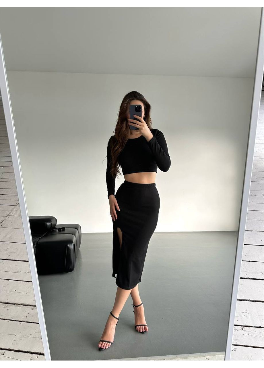 Женский костюм: кроп-топ и юбка меди с разрезом из рубчика. Україна (353495184)