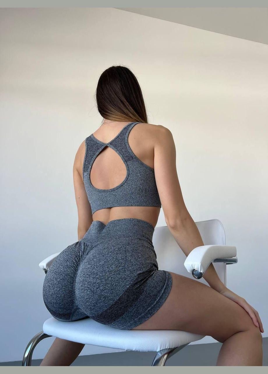 Спортивний костюм (топ та шорти) з чашками та пуш-ап ефектом темно-сірого кольору, розмір S Trends (330757032)