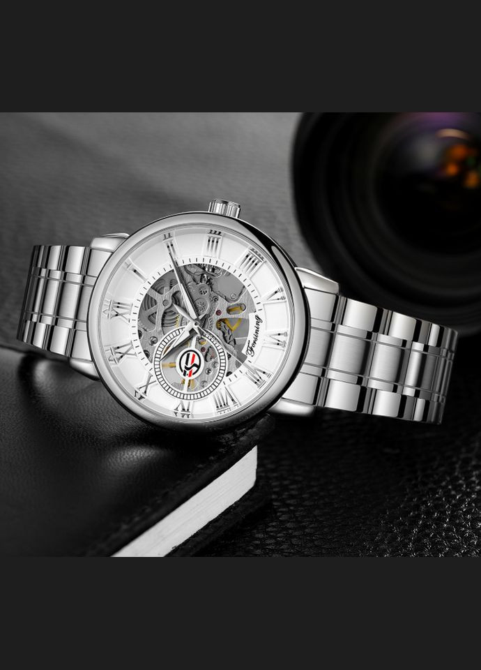 Мужские механические наручные часы с открытым механизмом серебро с белым Forsining (328267024)