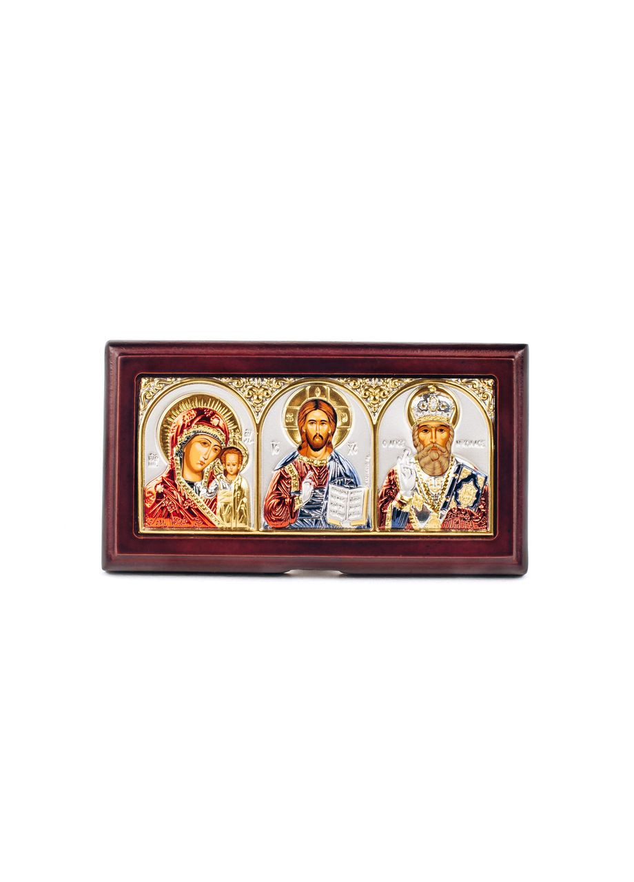 Иконостас 11,8х6,3 Иисус Казанская Николай тройная c разноцветной эмалью на дереве Silver Axion (265446318)
