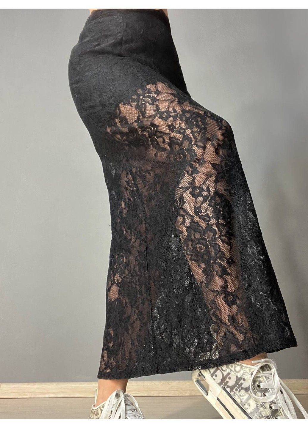 Черная юбка женская shiqi 9314 гипюровая прозрачная длинная с подкладкой стрейтчевая черная No Brand