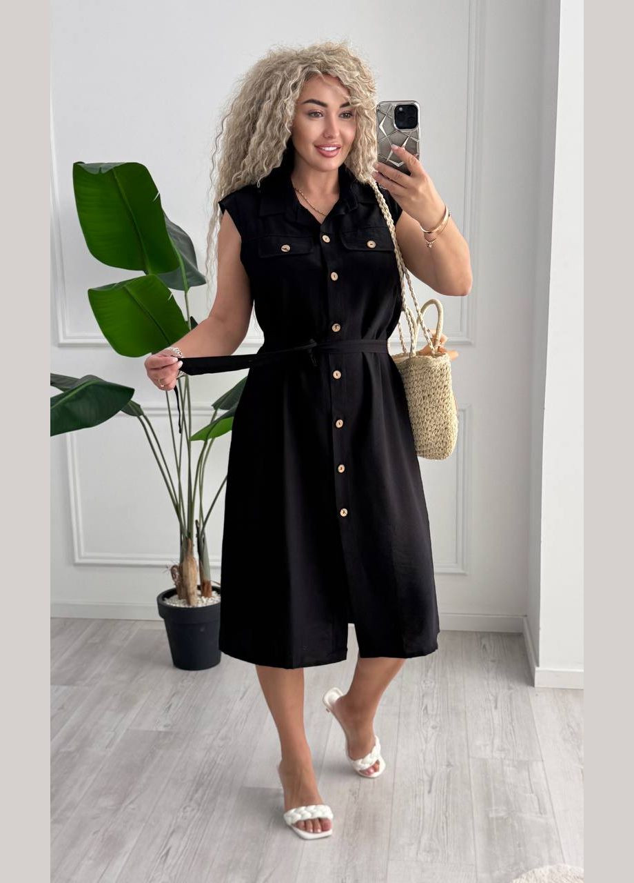 Чорна повсякденний, кежуал жіноча сукня на ґудзиках із поясом Style Point однотонна