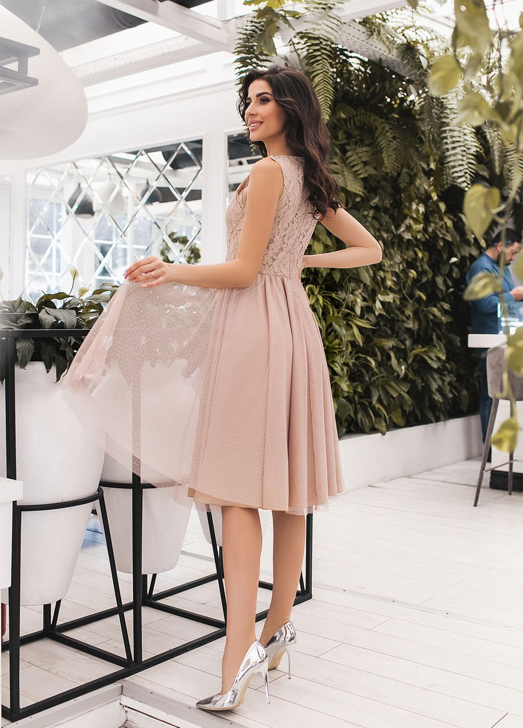 Бежева святковий сукня з мереживом кльош No Brand однотонна