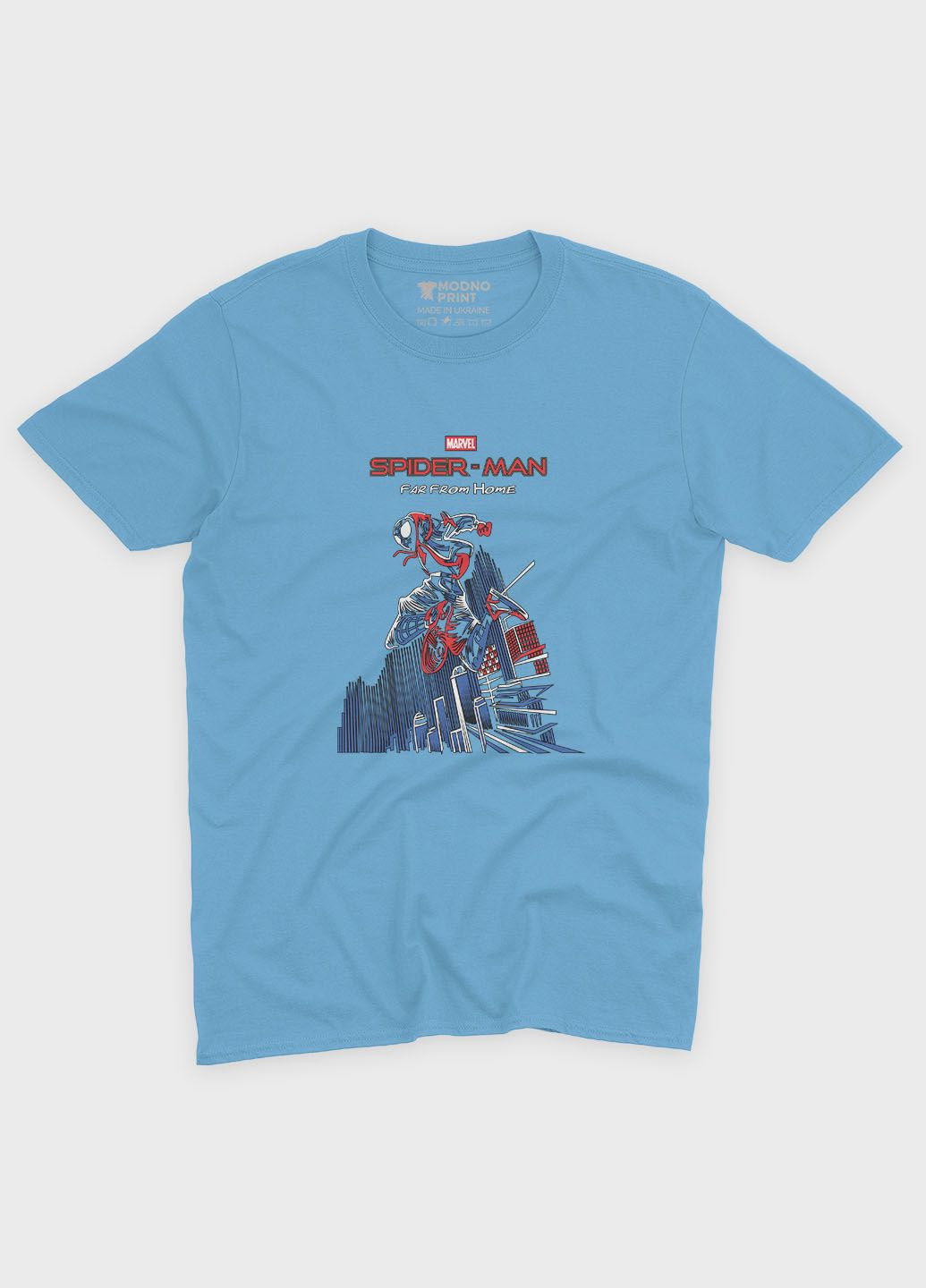 Голубая демисезонная футболка для девочки с принтом супергероя - человек-паук (ts001-1-lbl-006-014-041-g) Modno