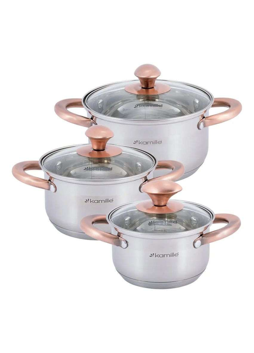 Набор кастрюль из нержавеющей стали 6 предметов для индукции и газа (1.0л, 1.5л, 2.0л) KM- hjk Kamille 4936 (360880118)