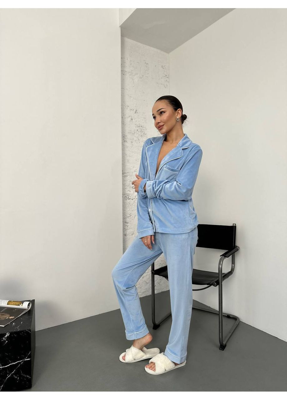 Голубая всесезон пижама женская велюровая рубашка,штаны,резинка рубашка + брюки No Brand