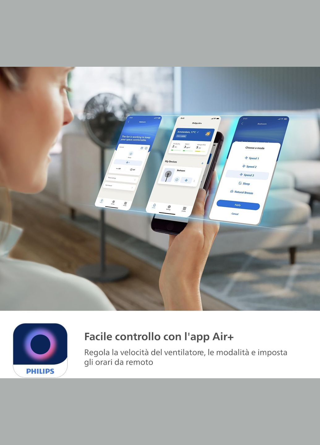 Вентилятор напольный Series 3000, 40см, 48Вт, управление через смартфон, регулировка высоты, Philips (342114014)