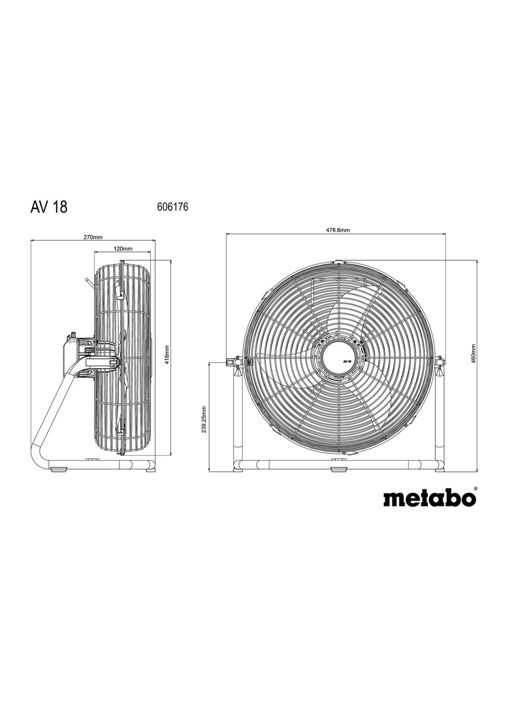 Акумуляторний вентилятор AV 18, 18 В, 1300 об/хв (Картон) 606176850 (8096) Metabo (263433691)