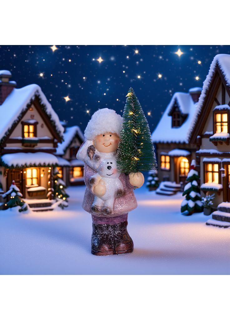 Новорічна фігурка з підсвіткою Дівчинка з ялинкою та іграшкою порцелянова 7*7*20 см Yiwu (369960247)