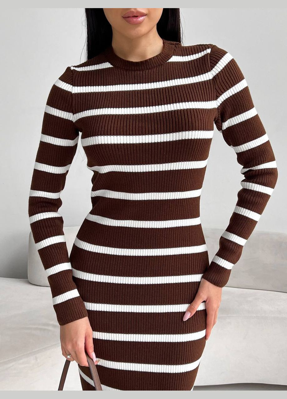 Коричневое женское платье миди в полоску цвет коричневый-белый р.42/46 449395 New Trend