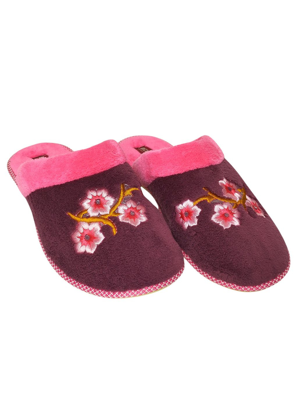 Бордовые женские домашние тапочки махровые бордово-розовый Белста с вышивкой