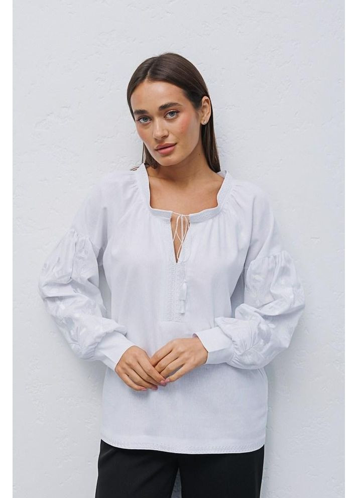 Белая рубашка вышиванка женская лен вискоза длинный рукав цветы 44 белая Arjen