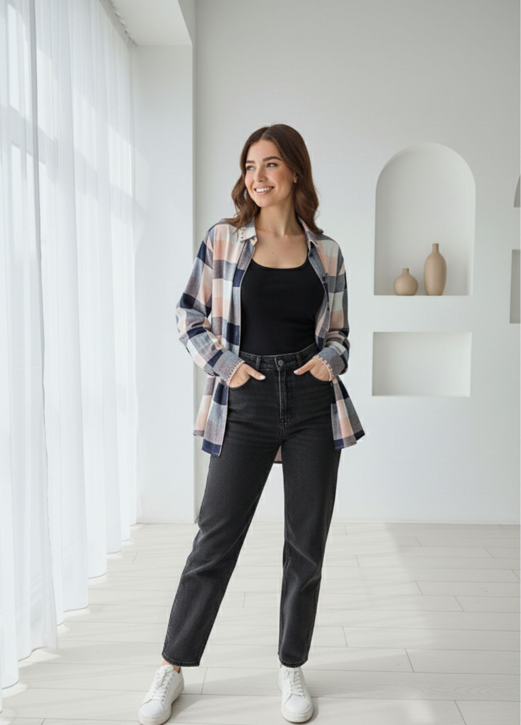 Сорочка жіноча Oversize в клітку із заклепками на комірі та манжетах H&M (367829078)