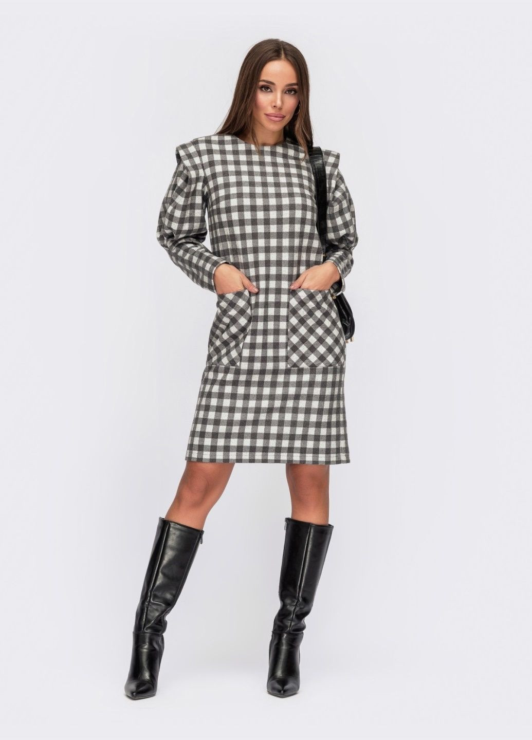 Серое кэжуал серое платье в клетку с объемными рукавами и накладными карманами Dressa в клетку
