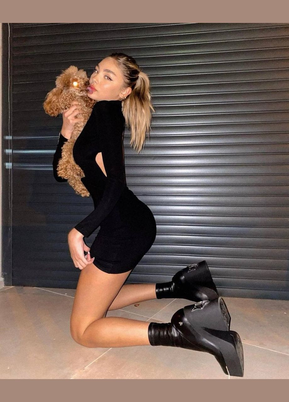 Черное сексуальное короткое приталенное платье черное с открытой спиной и длинными рукавами – стильный,ярких и эффектный образ No Brand однотонное