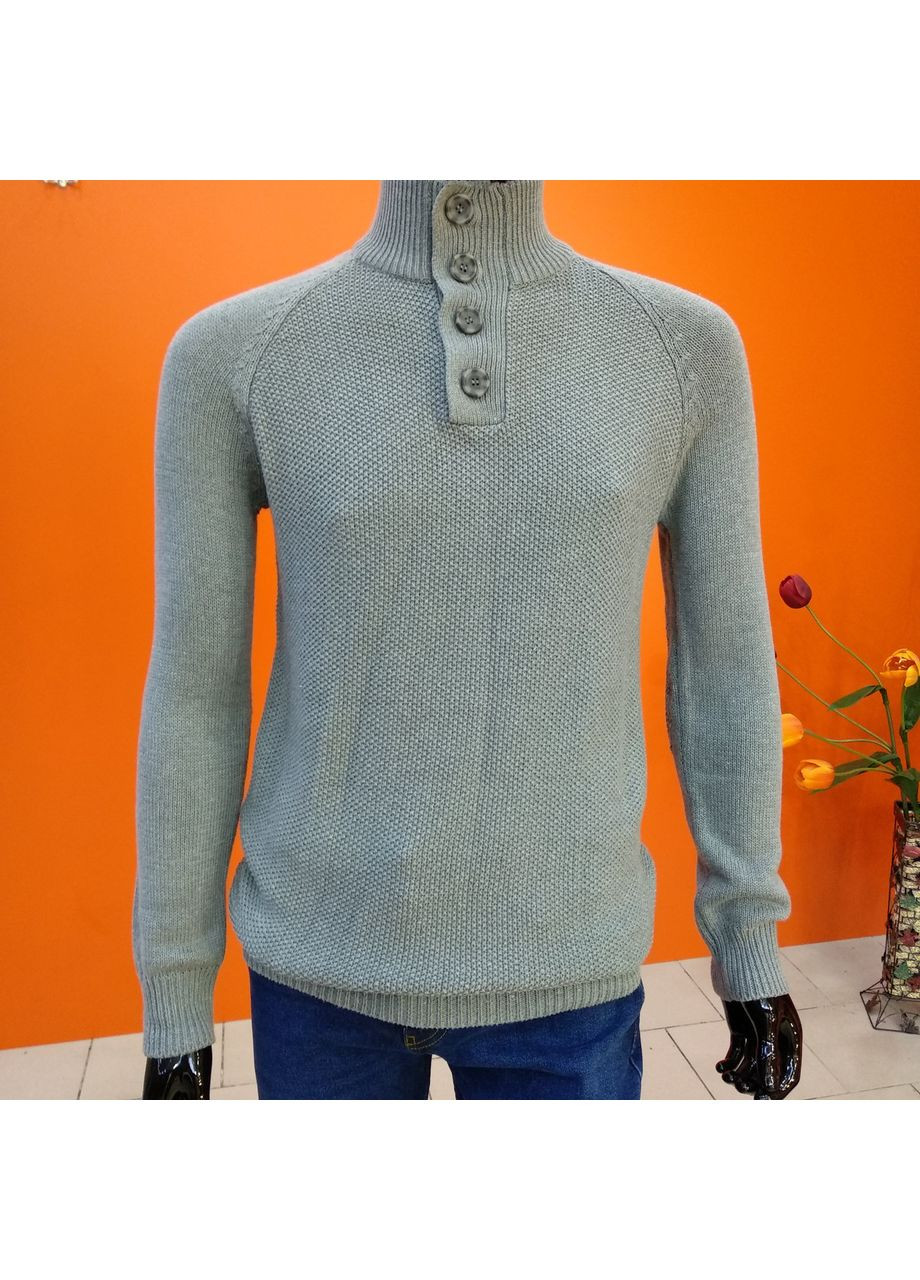 Серый демисезонный свитер мужской стойка ворот на пуговицах джемпер однотонный Just