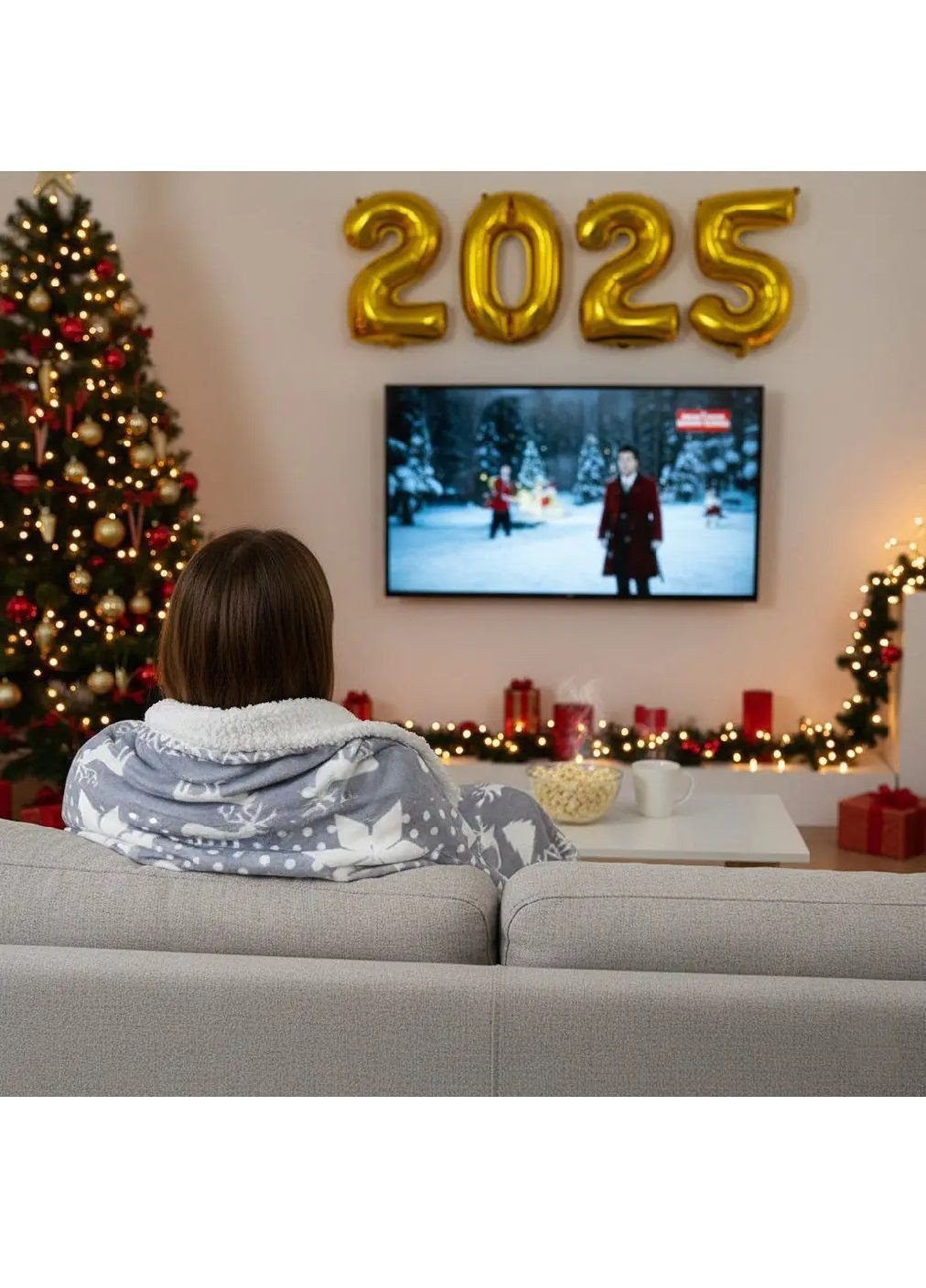 Плед одеяло полуторный с праздничным новогодним узором в подарочной упаковке 155х135 см (482115-Prob) Серый с оленями Unbranded (370682373)