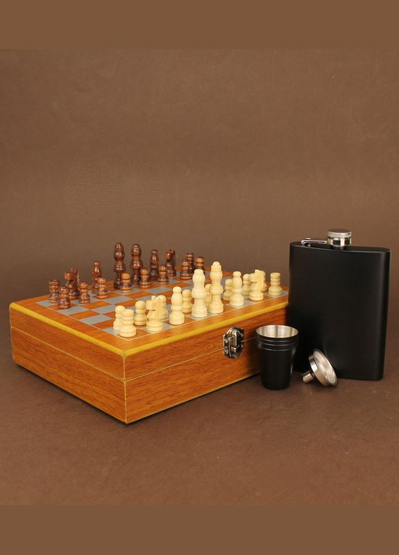 Набір дерев'яних шахмат з флягою, лійкою та стопками подарунок для хлопця, тата, чоловіка, брата, друга (21-0076) Кукумбер (329910083)