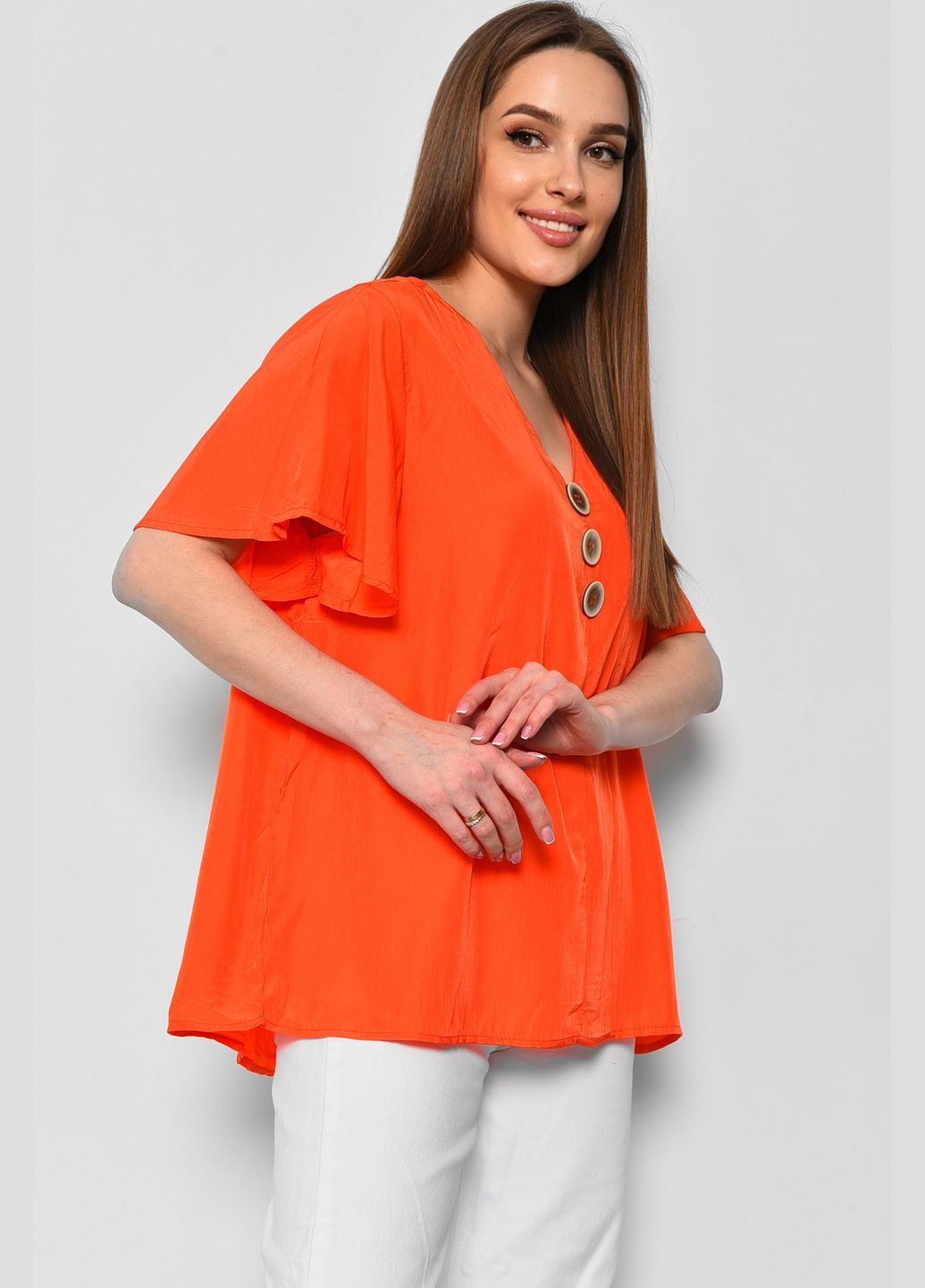 Помаранчева блуза жіноча напівбатальна з коротким рукавом помаранчевого кольору з баскою Let's Shop