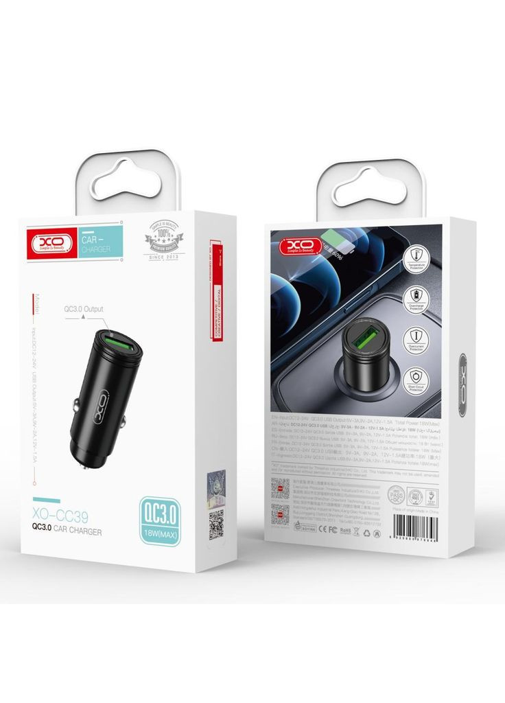 Автомобильное зарядное устройство CC39 1 USB QC 3.0 Black XO (362914626)