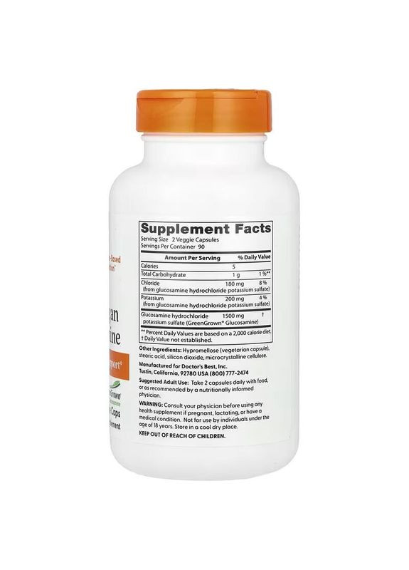Веганский глюкозамин Vegan Glucosamine 1500 mg, 180 вегакапсул поддержка здоровья соединительных тканей Doctor's Best (341325144)