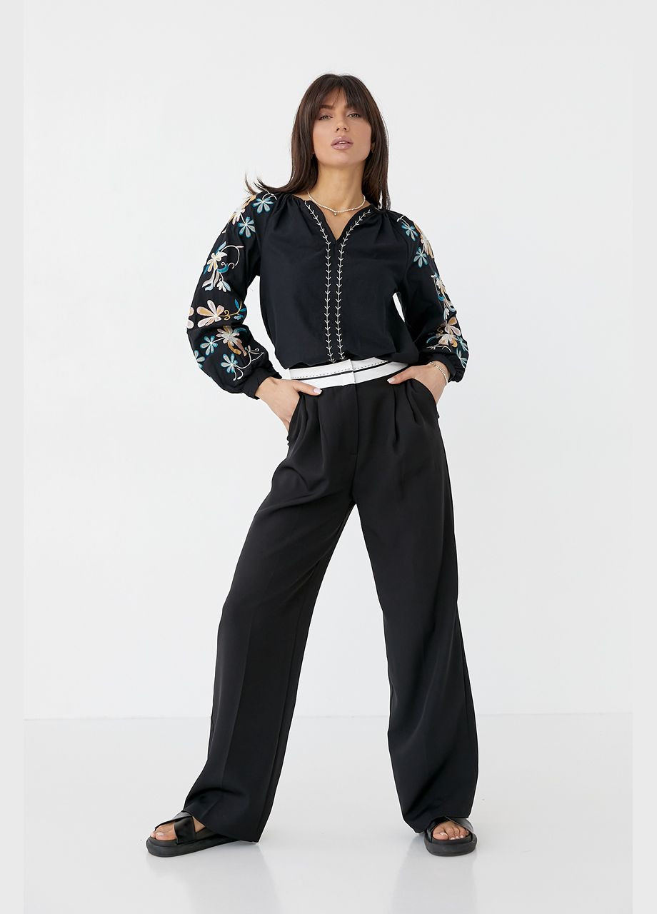 Чёрная женская блузка с вышивкой с длинными рукавами. ESQ узор цветочный свободная хлопок (322130456)