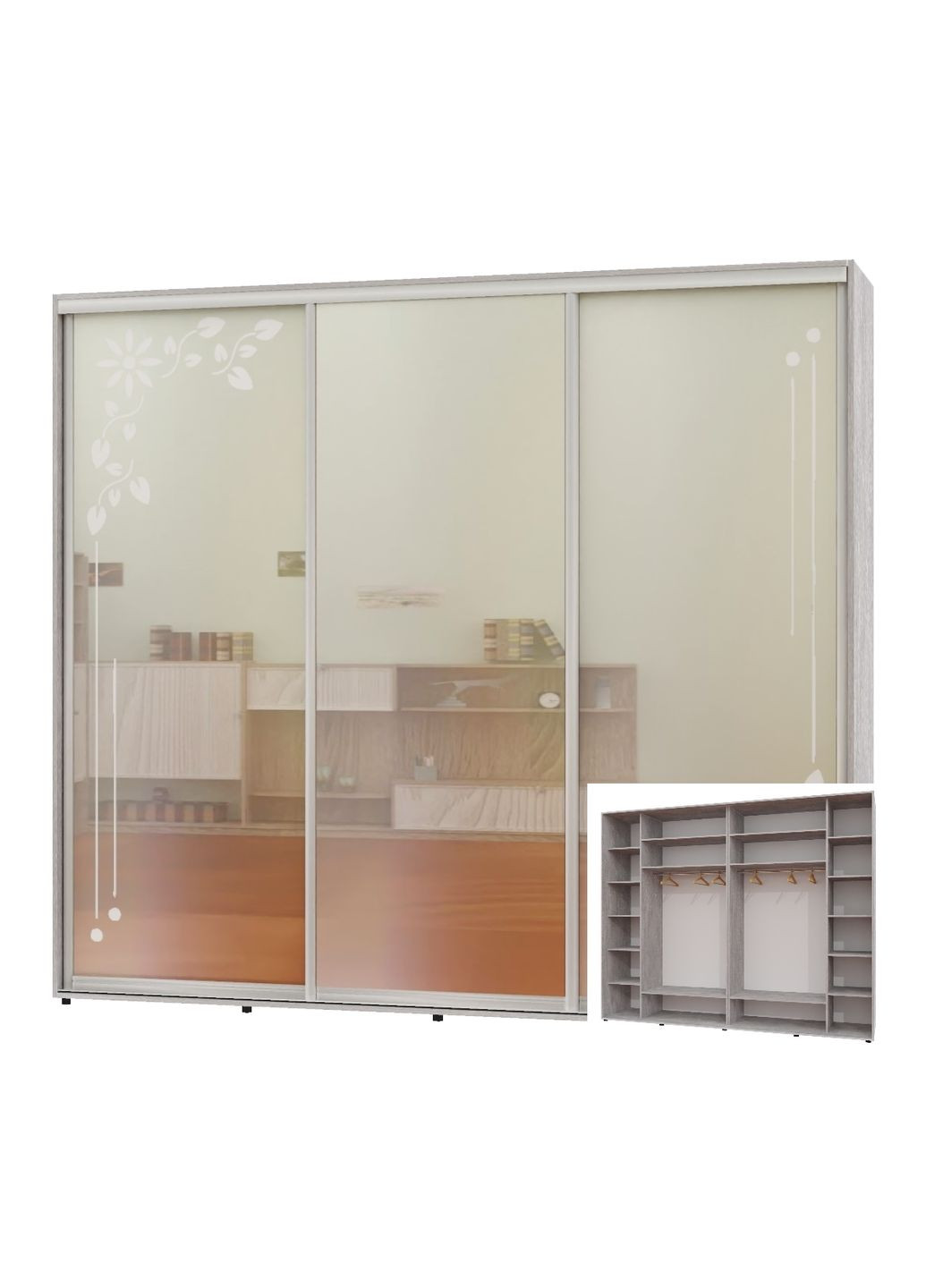 Шафа-купе тридверна 300*60*220 Індастріал 2 Дзеркала з піскострумним малюнком/Дзеркало Люкс-149 Алекса (360448273)