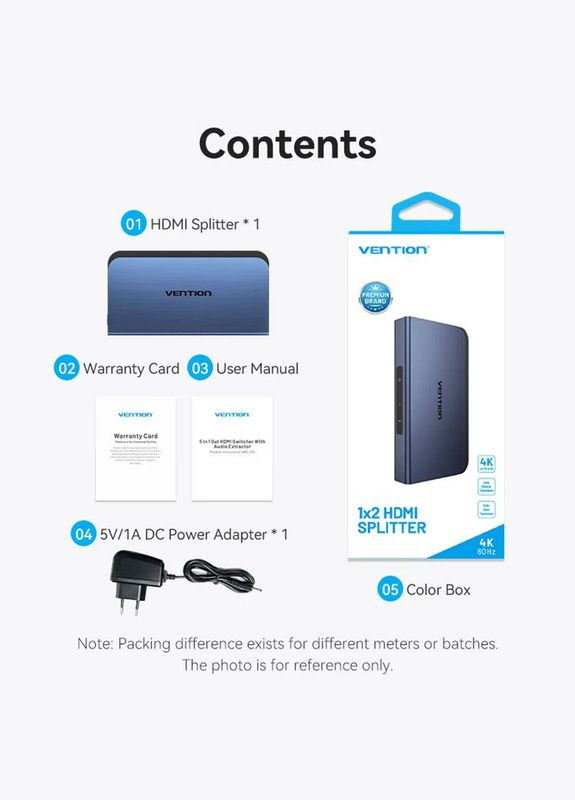 Сплітер HDMI 2.0 UHD 4K 60Hz 3D, HDCP 1x2 ports Blue Aluminum Alloy Vention (315142560)