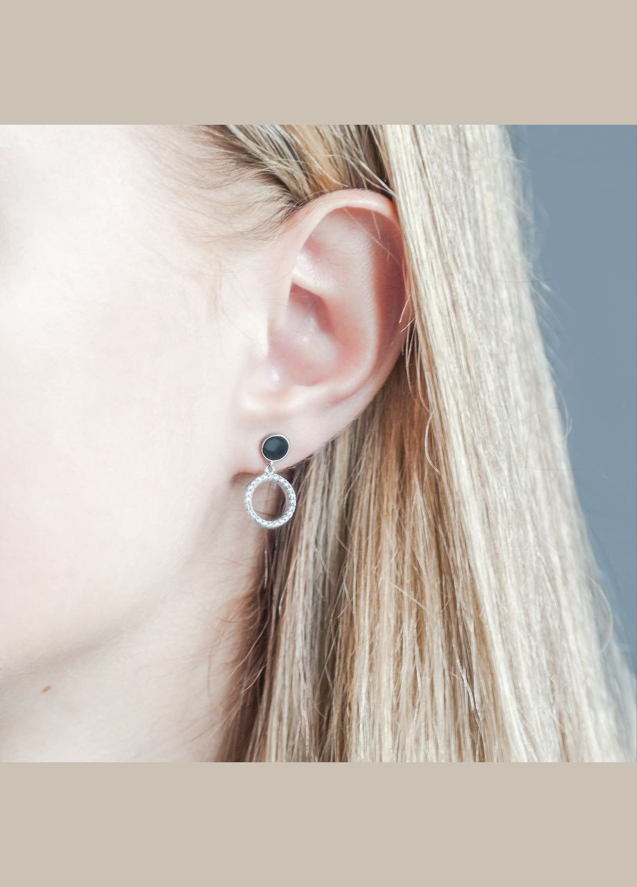 Срібні сережки пусети День-Ніч з чорною емаллю та білими фіанітами Каштан (342335500)