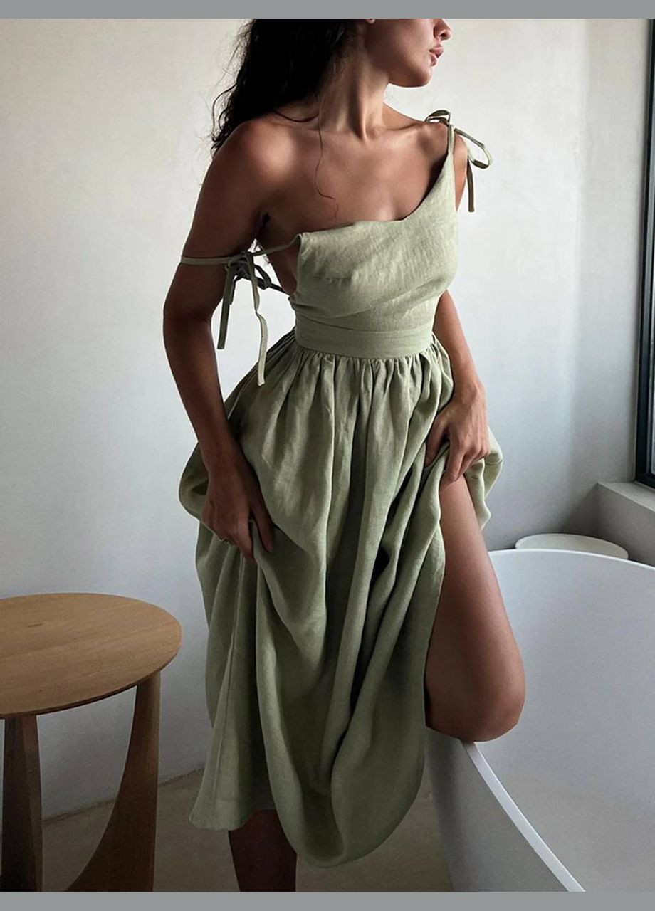 Оливковое вечернее женское платье No Brand однотонное