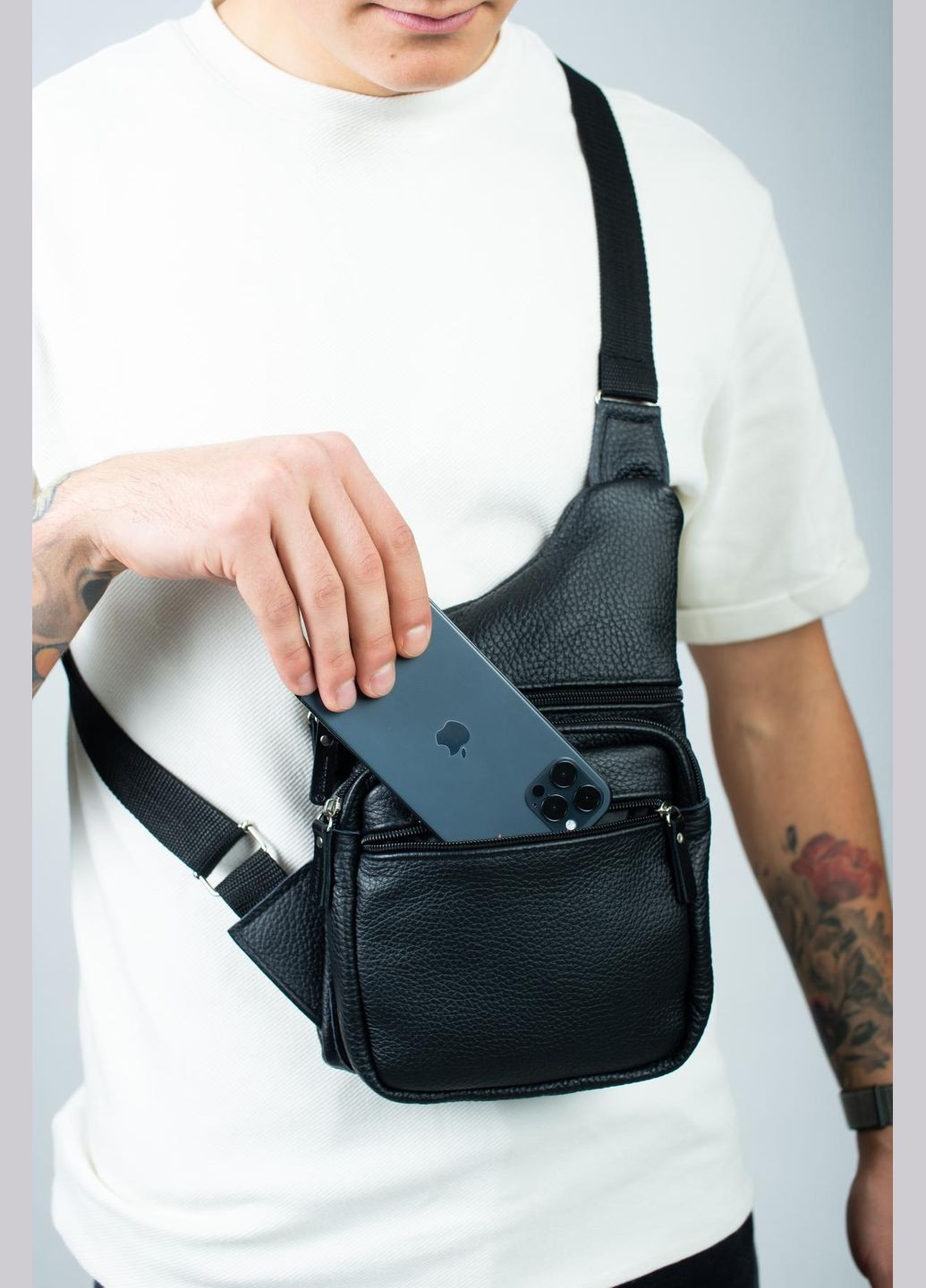 Сумка-слинг из натуральной кожи, сумка через плечо мужская SL017 (черная) No Brand (333342050)