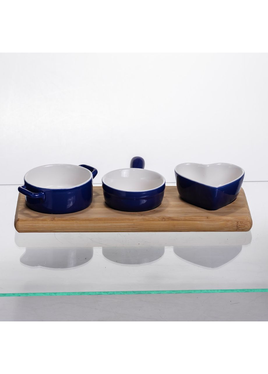 Набір фарфорових монажниць 3 шт з бамбуковою підставкою для закусок та соусів синій керамічні миски для сервірування столів Yiwu (370432670)