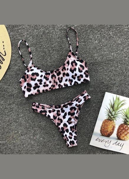 Коричневий сексуальний роздільний купальник леопард, топ з чашками s m l (44 46 48) лео коричневий No Brand