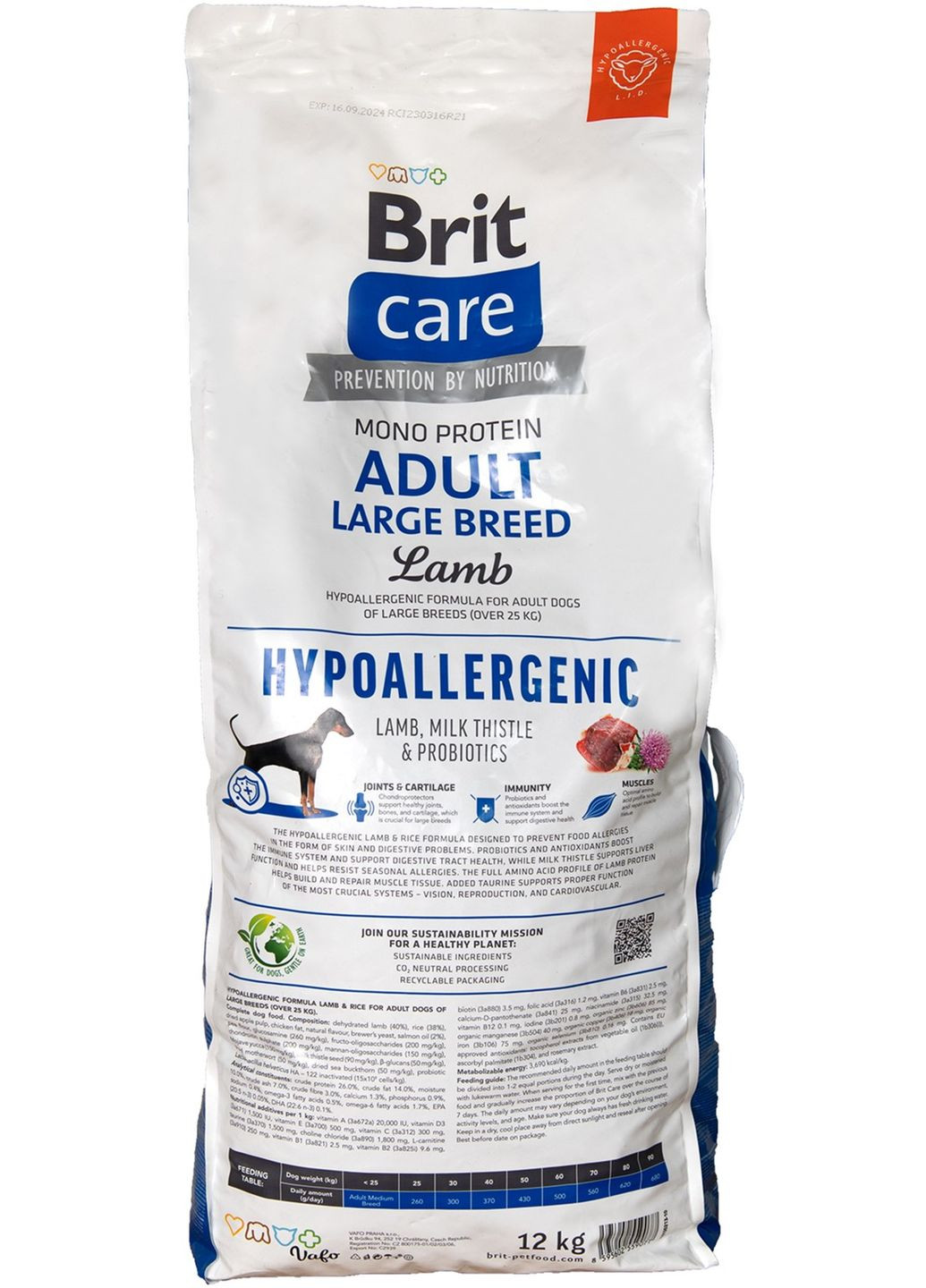 Корм для собак больших пород Dog Hypoallergenic Adult Large Breed гипоаллергенный с ягненком 12 кг (8595602559077) Brit Care (315868020)