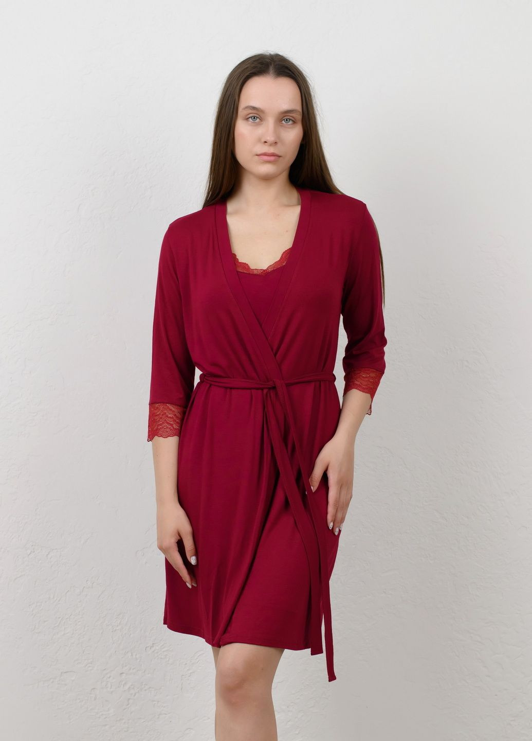 Вишневый демисезонный комплект (сорочка и халат) N.EL.