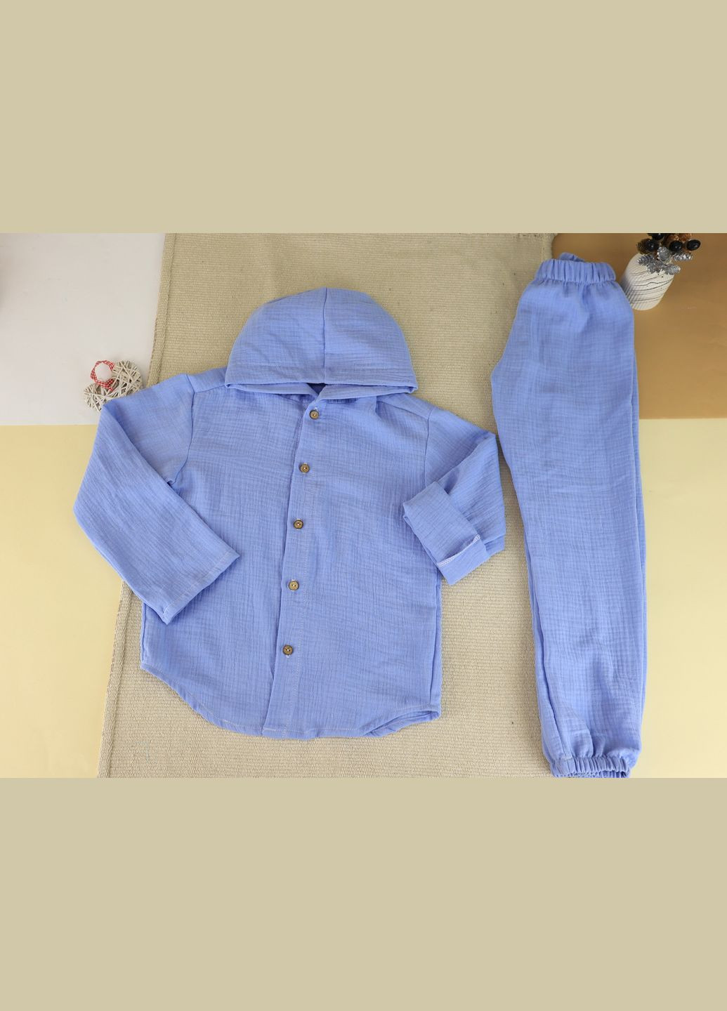 Голубой летний детский муслиновый летний голубой костюм рубашка с капюшоном штаны с рубашкой, брючный No Brand