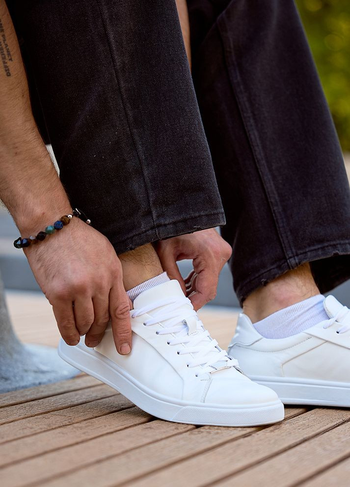 Белые базовые кеды мужские из натуральной кожи белого цвета 35553 Fashion