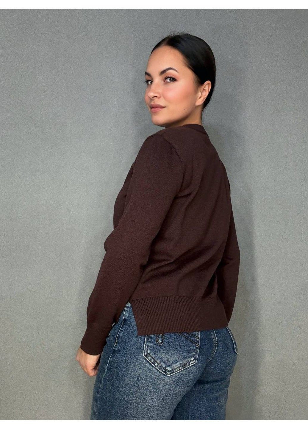 Коричневый демисезонный свитер женский a-n 2609 с нашивкой медвежонок оверсайз базовый one size No Brand