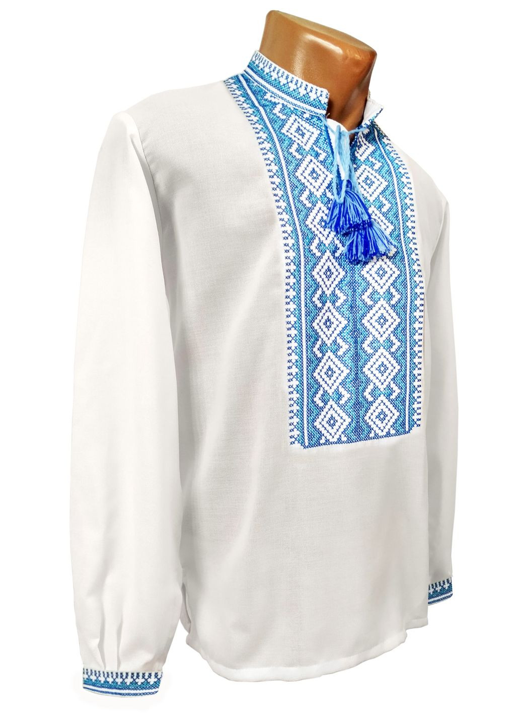 Белая мужская вышиванка в джинсовом цвете. НоКо свободная, прямой хлопок (305590226)