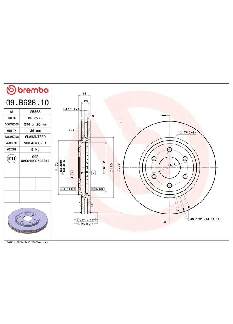 Гальмівний диск 09.B628.10 Brembo (390283447)
