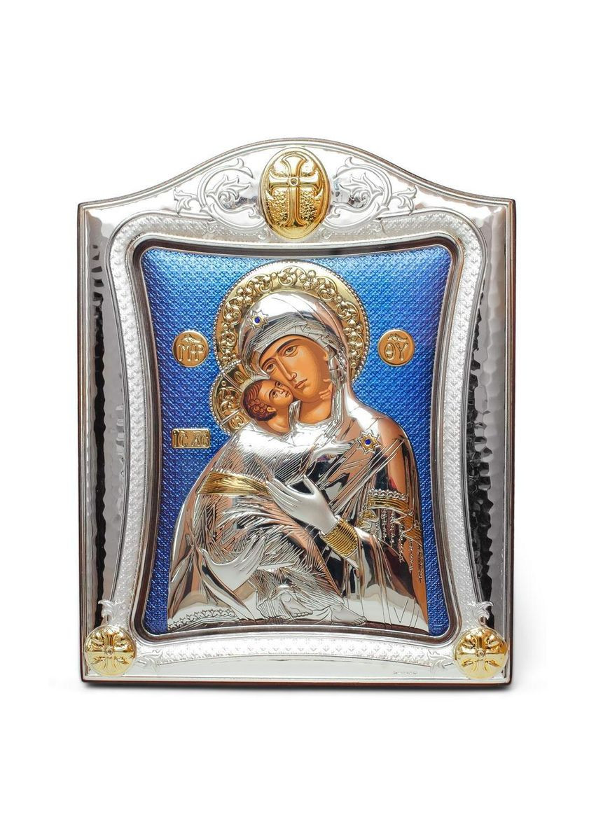 Срібна Ікона Володимирська Божа Мати 20х25см у срібній рамці, прикрашена позолотою із синім фоном. Silver Axion (266266110)